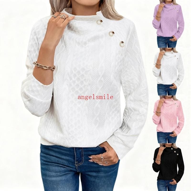 Ace Moletom Feminino Acolchoado Com Gola Simulada , Detalhe De Botão , Manga Comprida , Texturizado , Casual , Solto , M