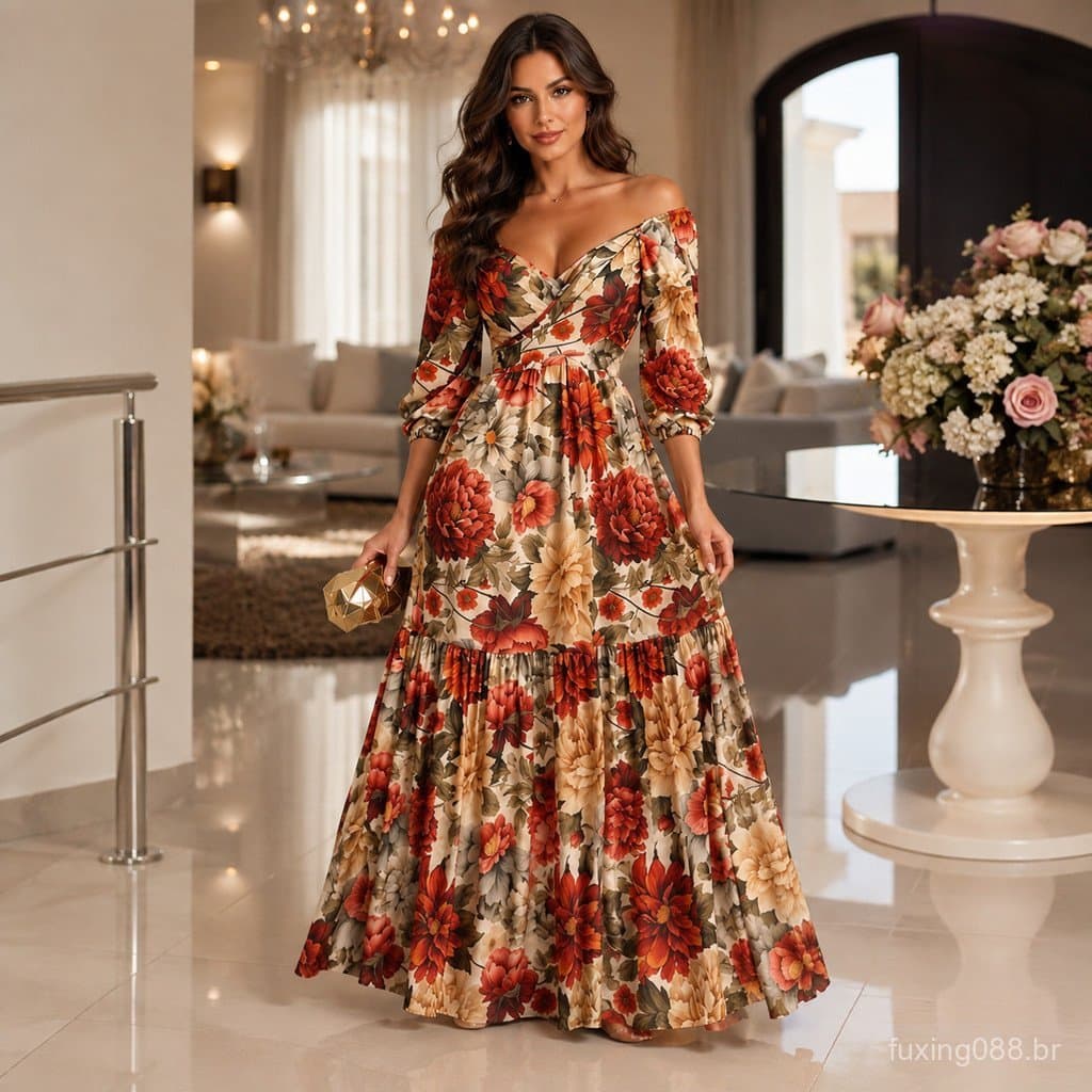 Vestido Longo Feminino Floral Elegante Ombro a Ombro com Decote V e Cintura Marcada