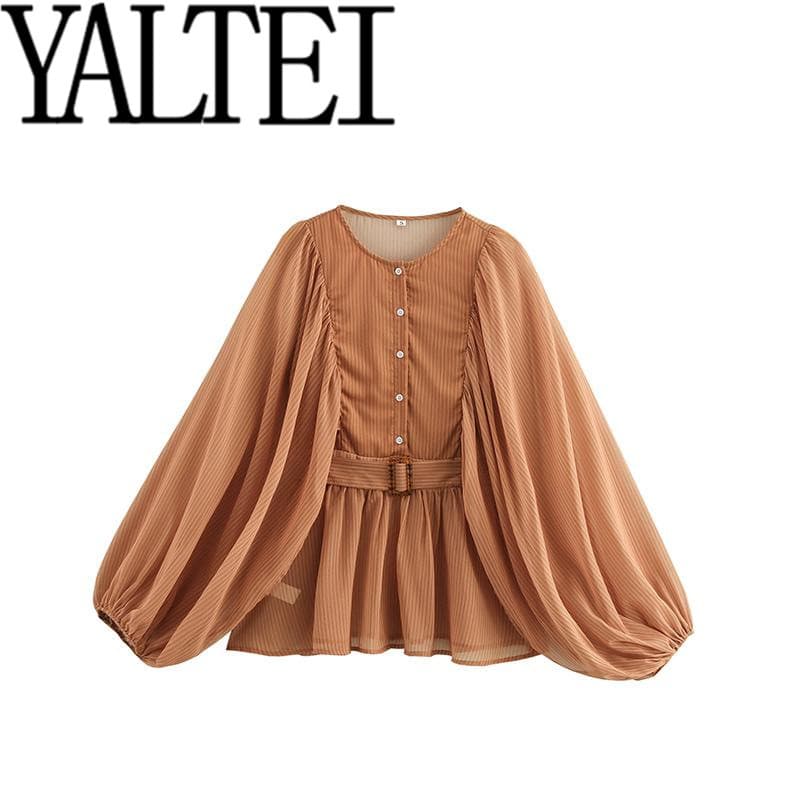 ZAR outono novo estilo feminino europeu americano francês Design de moda Chiffon com cinto listras escuras camisa de man