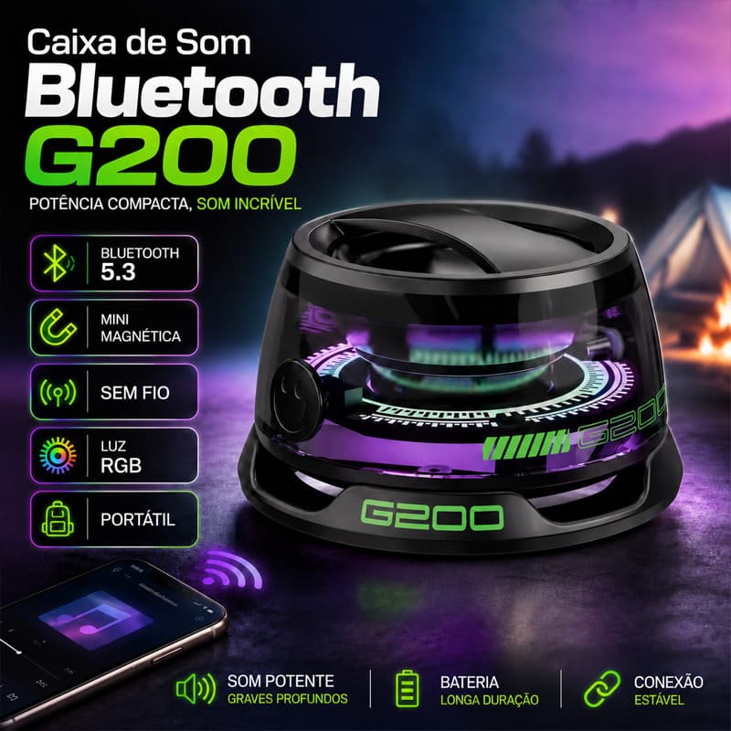 G200 5.3 Mini Alto-Falante Bluetooth Sem Fio Portátil Magnético Com Luz RGB , Multifuncional , Para Telefones Celulares