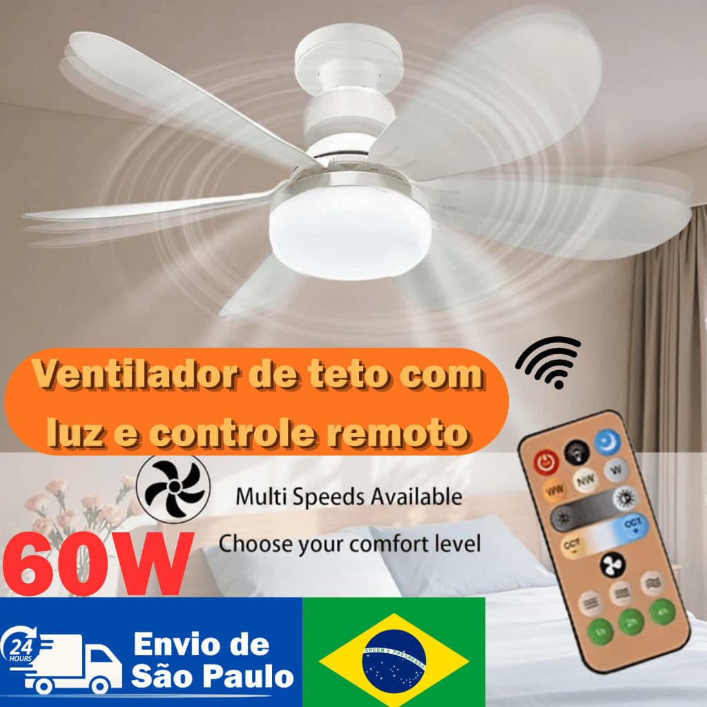Ventilador Teto Luz Controle Remoto 60W 3 Velocidades 3 Níveis Brilho Ventos Fortes