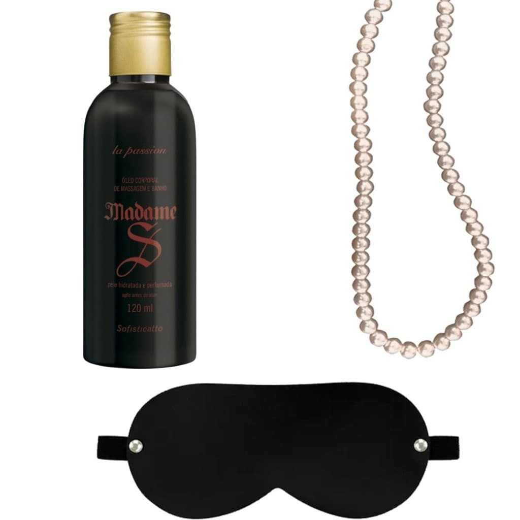 Kit Massagem Sensual Relaxante com Óleo Massagem Madame S 120ml Colar de Pérolas e Tapa Olho Venda