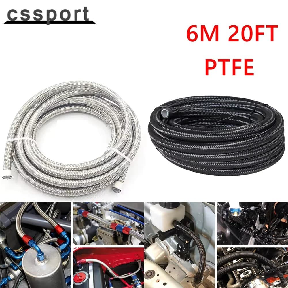 6M AN4 AN6 AN8 AN10 AN12 PTFE Linha De Mangueira De Combustível Trançada De Aço Inoxidável 20FT Preto/Prata