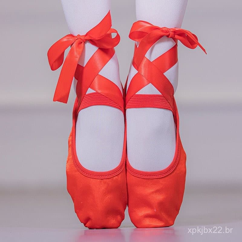 Sapatos de Dança Cetim Ballet com Alças de Fita, Bico Redondo, Yoga, Adulto, Meninas, Sola Dividida Macia, Ballerina PIF