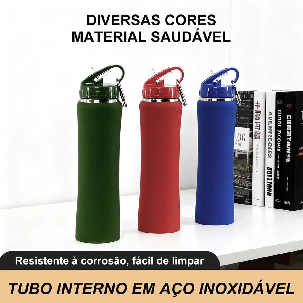 Garrafa Térmica Inox Squeeze com Bico Flip Com Chaveiro Emborrachada 600ml