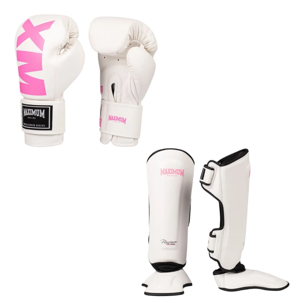 Kit Luva 12oz e Caneleira M Feminina Rosa Muay Thai Kickboxing Maximum Boxing