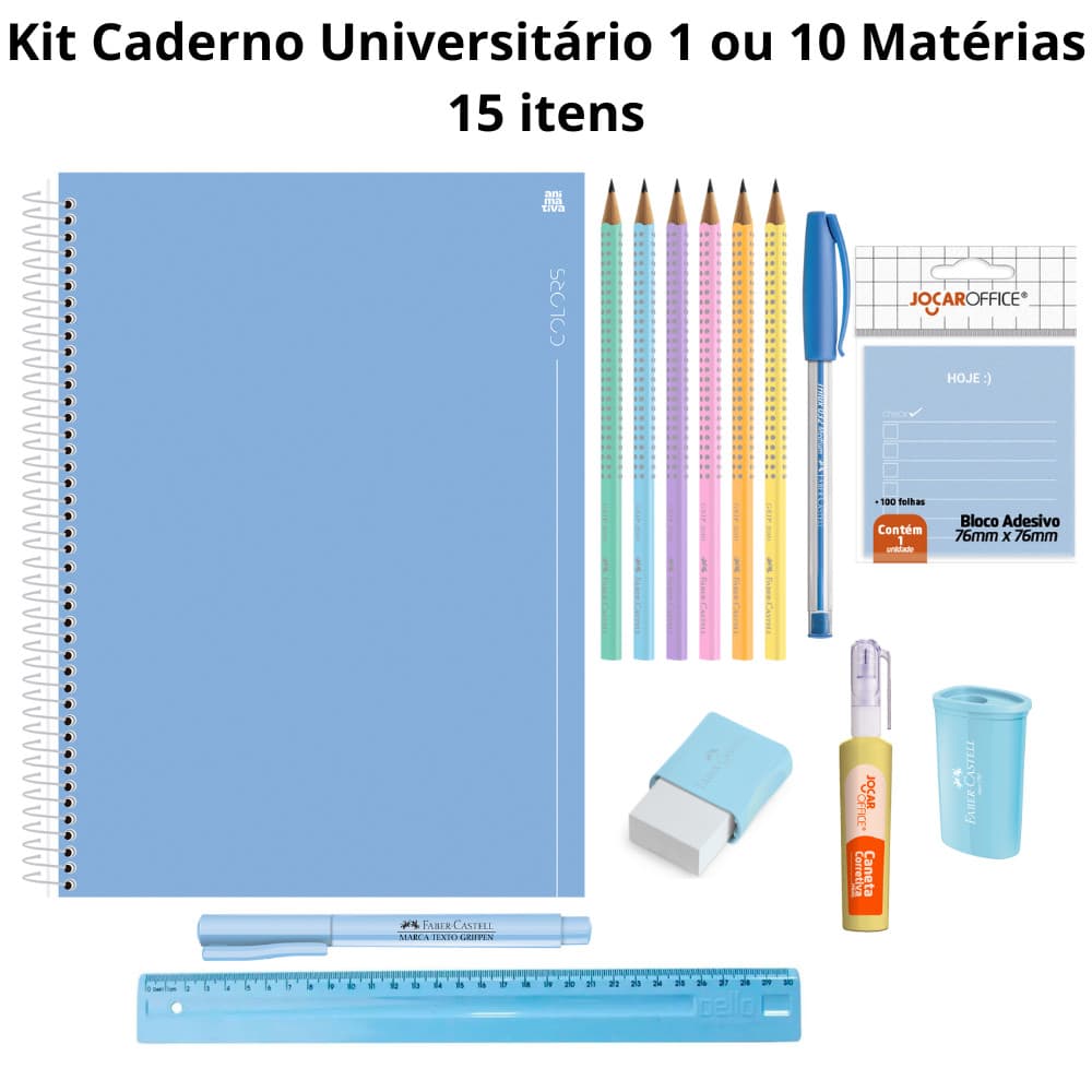 Kit Escolar Volta às Aulas Caderno Universitário Azul Colors Animativa