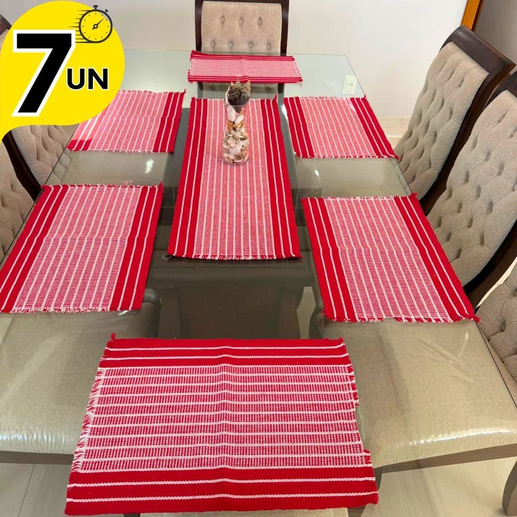 Jogo de Mesa Natal Vermelho com 7 Peças- Caminho de Mesa e Jogos Americanos Ideal Festa Final do Ano