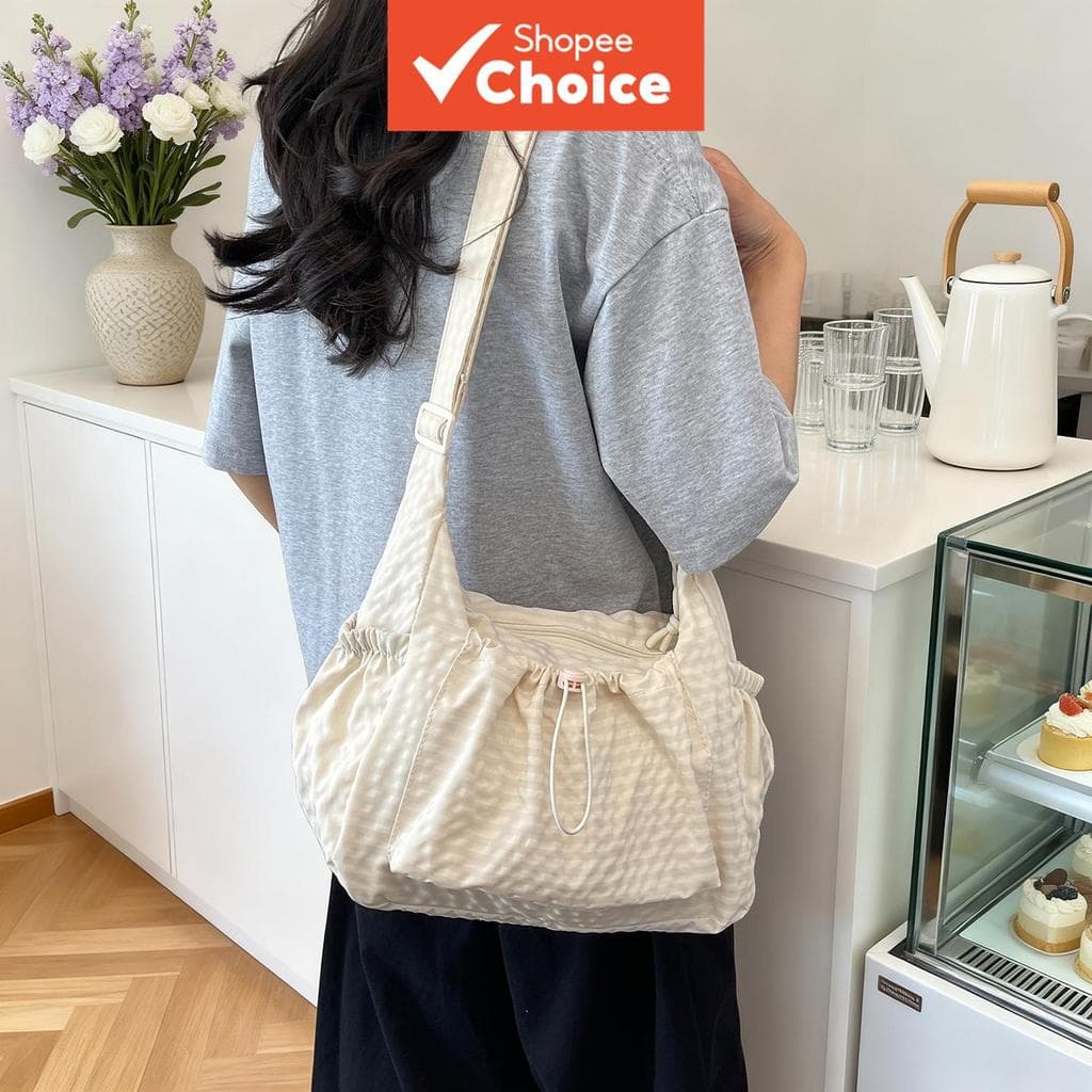 Bolsa tiracolo feminina de nylon xadrez com cordão, grande capacidade para uso diário