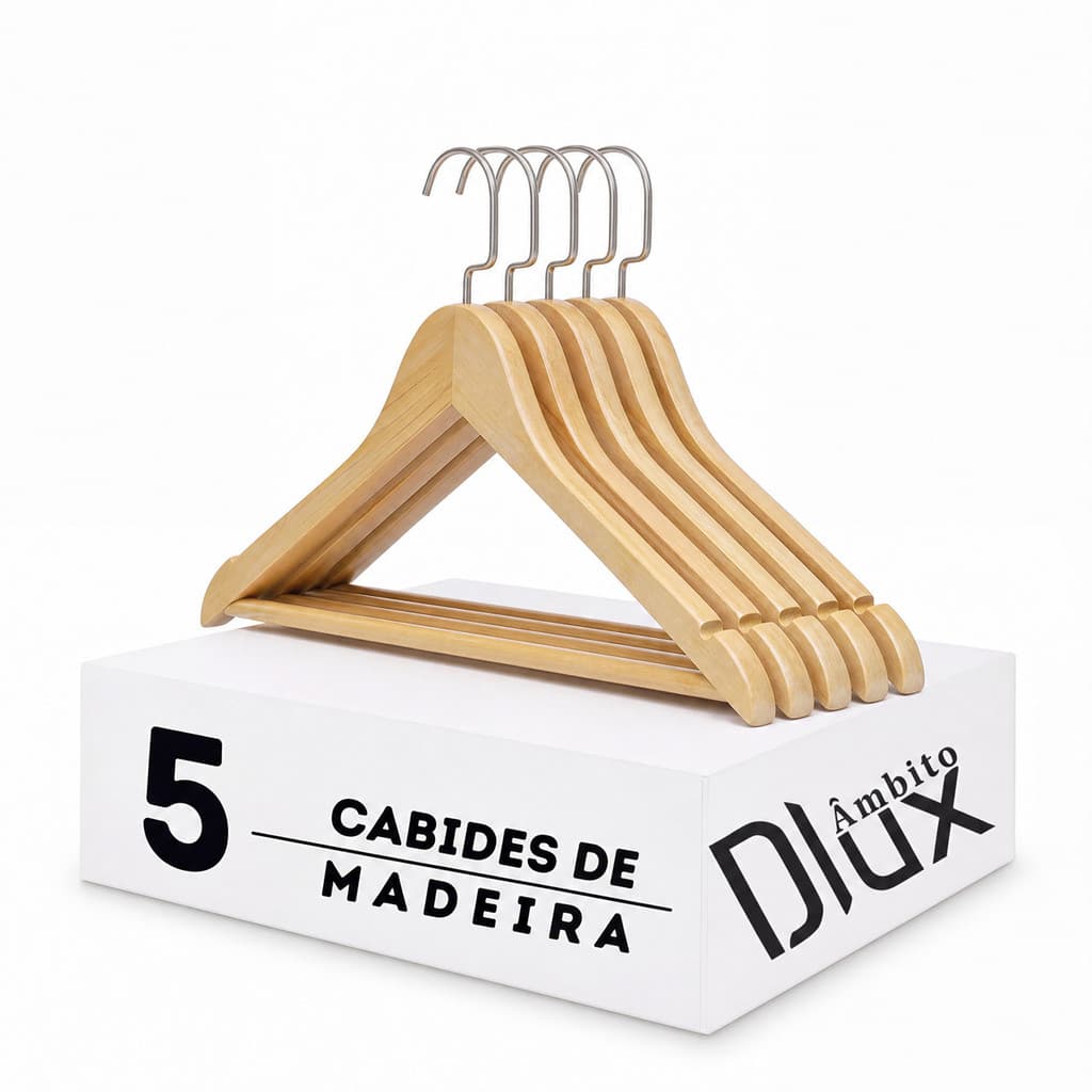 Ambito Dlux Kit 5 Cabides de Madeira 44cm Premium Polido Manual Antimarcas para Camisas Ternos