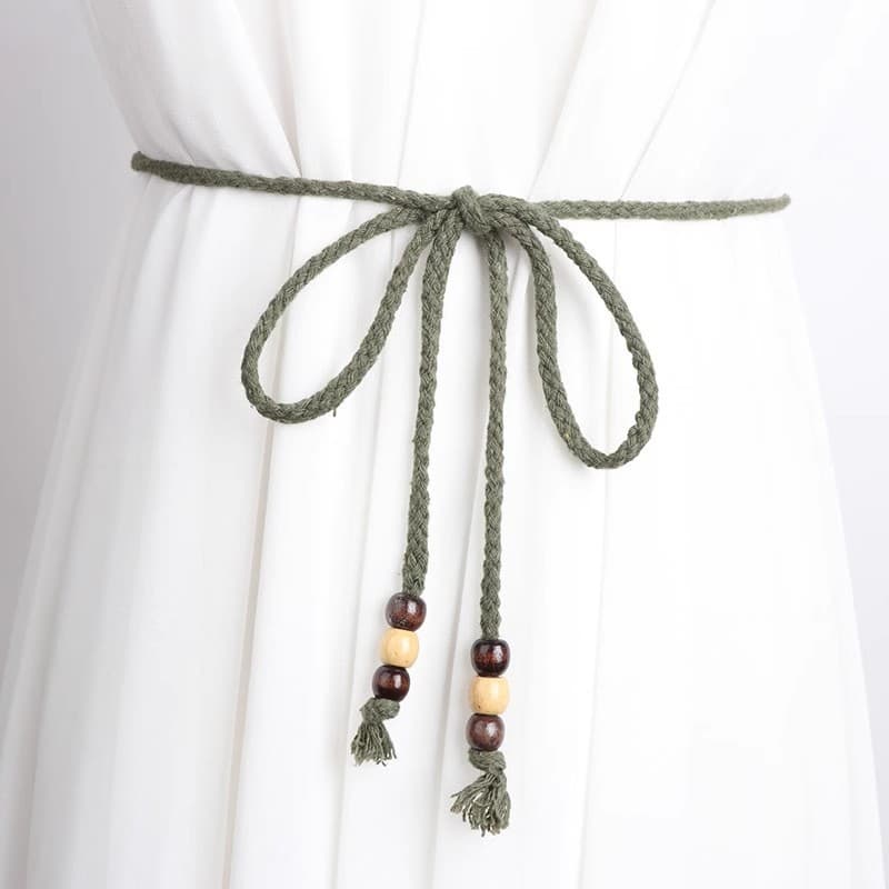 Verde fino cinto feminino trançado borla atada cintura corrente Retro fresco estilo étnico corda de cera saia decoração