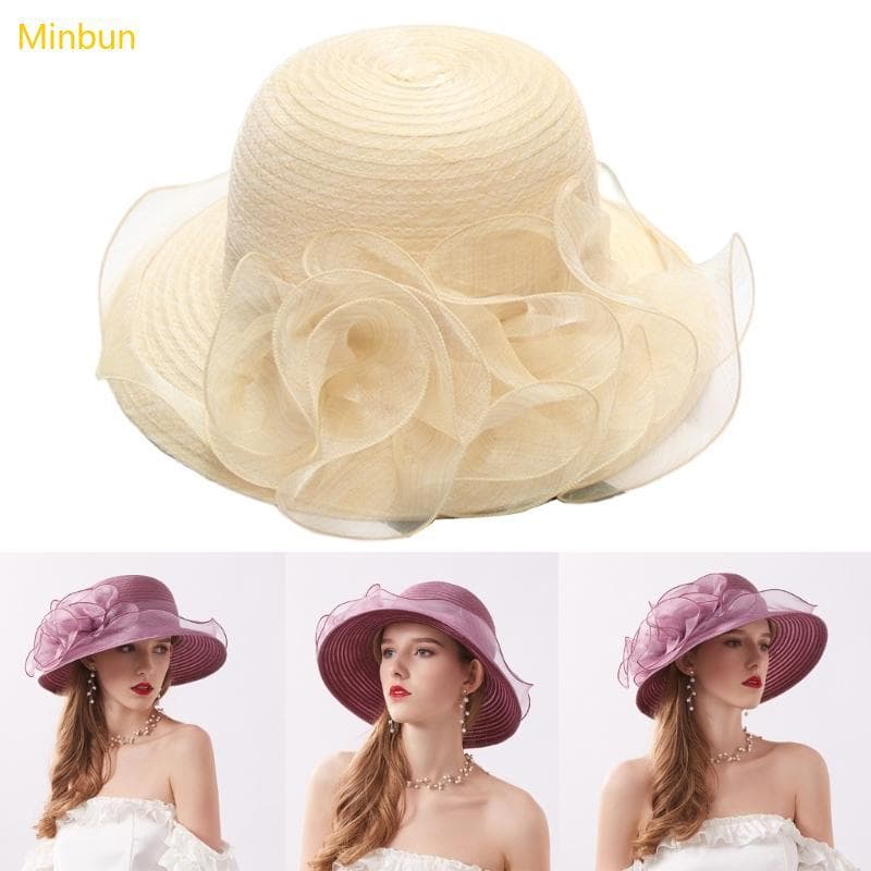 Minbun Organza Chapéu Festa Derby Para Igreja Fascinator Aba Larga Sol Chuveiro Noiva