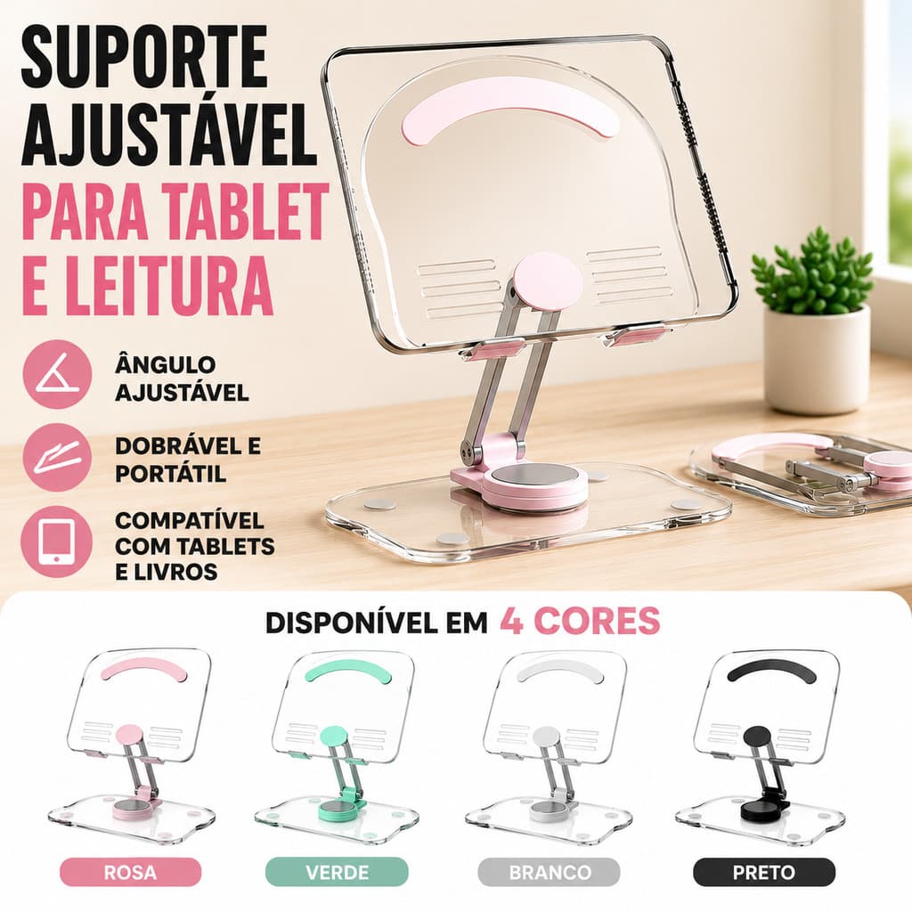 Suporte Giratório 360° para Celular e Tablet 4,7–13" em Acrílico Ajustável com Base Antiderrapante