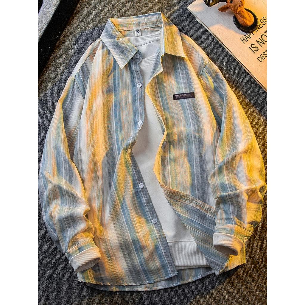 HPCP Camisa listrada gradiente arco-íris masculina primavera outono estilo fino rufião bonito camisa de linho Casual jaq