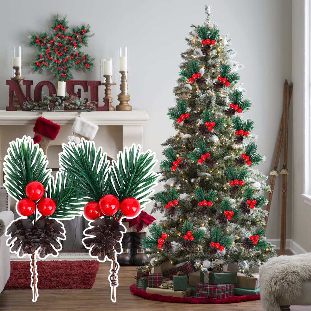 4 Peças De Ramos De Azevinho De Pinha De Natal-Enfeite De Suspensão De Árvore Frutas Vermelhas Artificiais-Agulha De Pin