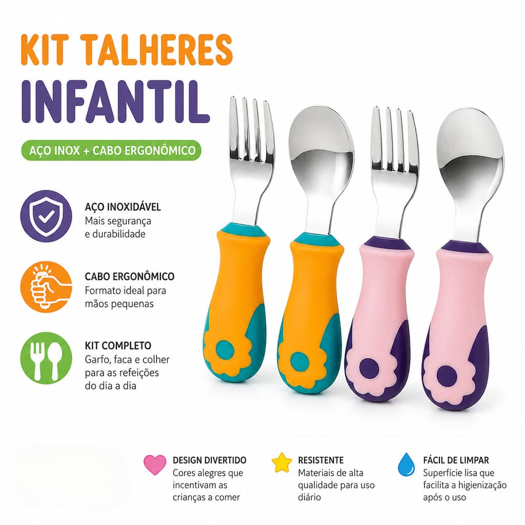 Talher Infantil com Estojo Aço Inox 316 Colher e Garfo para Bebê Criança Cabo Ergonômico BPA Free