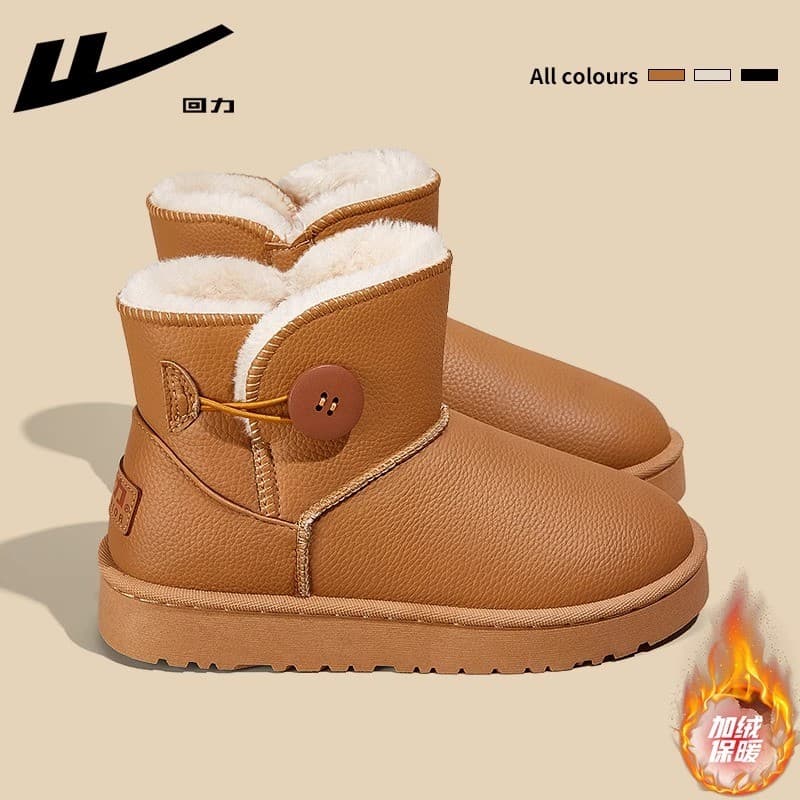Puxar para trás botas de couro botas femininas forro de lã de inverno botas de neve espessadas sapatos de algodão quente