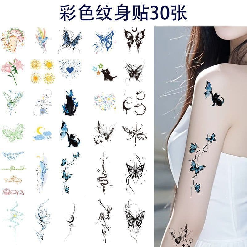 [Novo produto] Adesivos de tatuagem coloridos femininos à prova d'água de longa duração estilo borboleta doce legal tatu