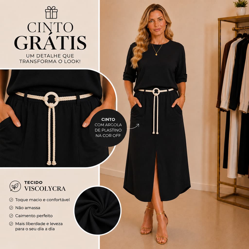 Conjunto Feminino Viscolycra Saia Midi Casual Chic Confortável