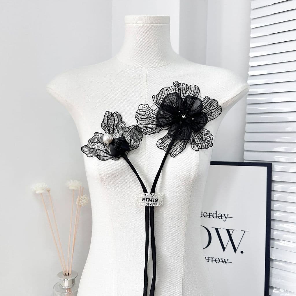 Preto dupla camada tridimensional imitação pérola strass gaze renda flor Lolita artesanal vestido de casamento decoração
