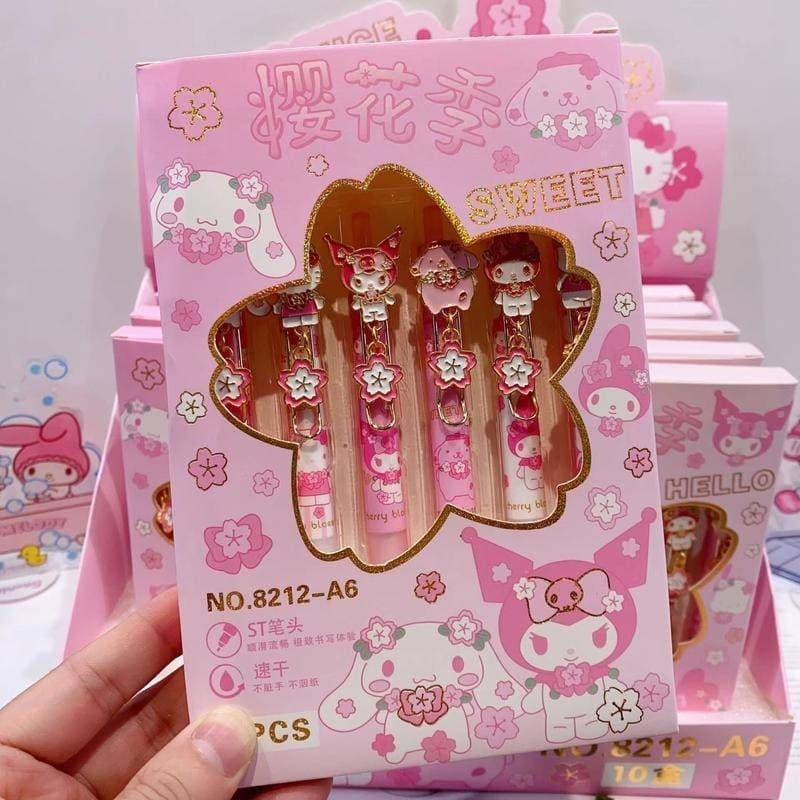 6 Peças/Pacote Canetas de Gel de Metal Sanrio Pink Sakura Festival 0.5mm Tinta Preta Mymelody Kuromi Pom Purin Cinnamoro
