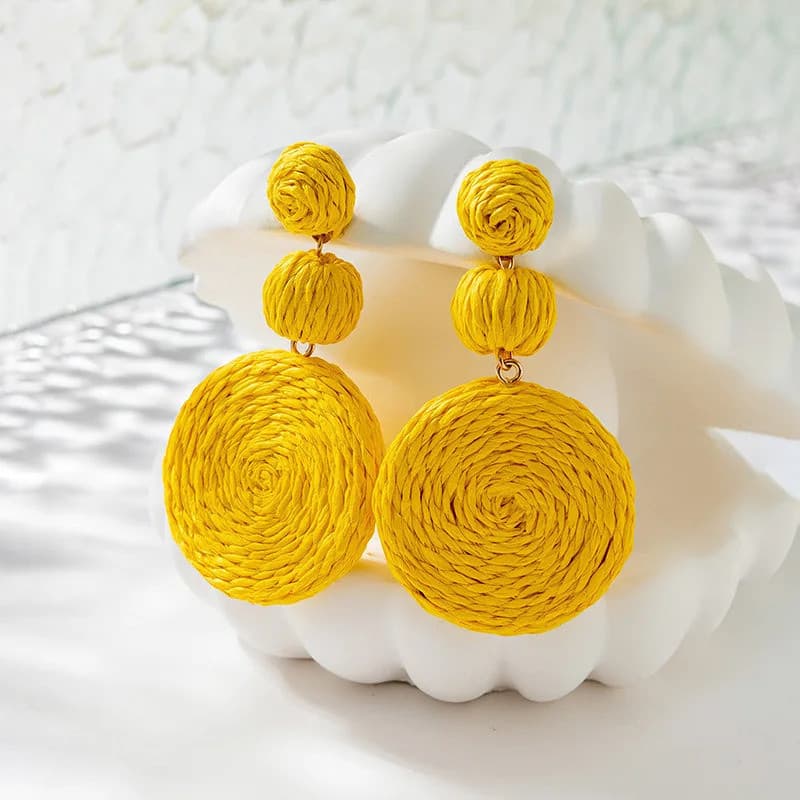Boho Amarelo Ráfia Brincos Redondos Para Mulheres Feitos À Mão Geométrico Rattan Malha Balançar Verão Praia Jóias