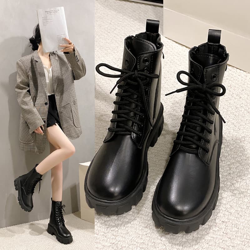 Botas Martin Muffin de sola grossa femininas estilo britânico botas de cano médio moda feminina All-Match mais magro olh