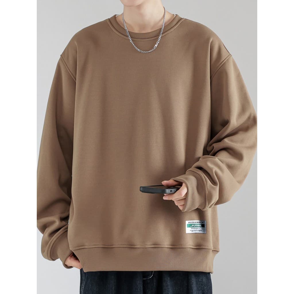 Outono pesado novo estilo cor café camiseta masculina de manga comprida fundo interno em torno do pescoço solto cor sóli