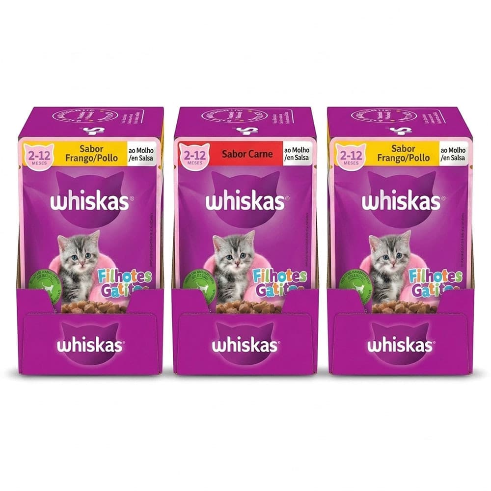 Combo Ração Úmida Whiskas Gato Filhote 60 Sachês Kit Completo