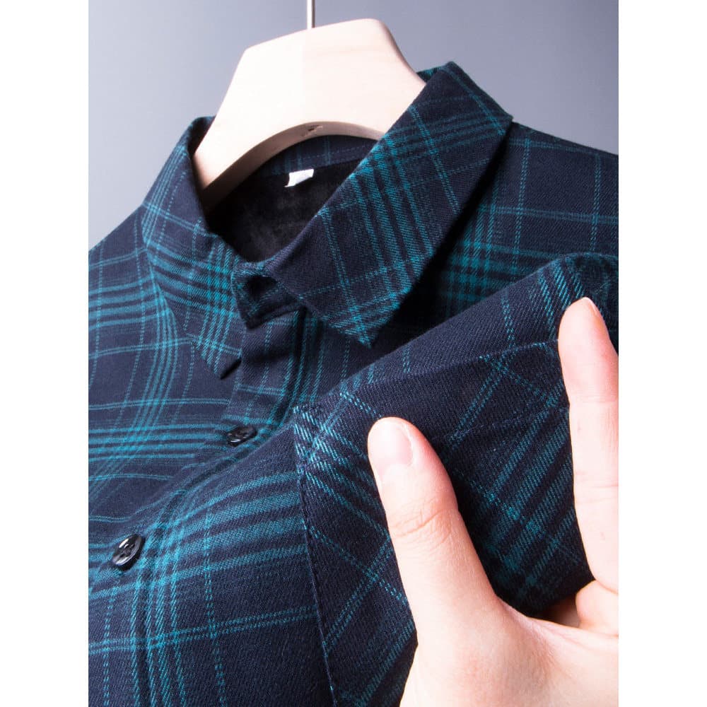 Roupas de pai de meia-idade primavera outono camisa masculina de manga comprida solo verificado engrossado Paul polo cam