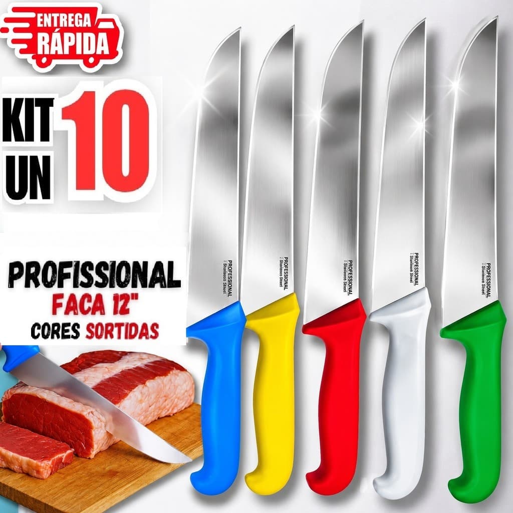 10 Peças Faca Cabo diversa cores 12" Aço Inox Açougueiro Profissional Churrasqueiro Açougue Cozinha