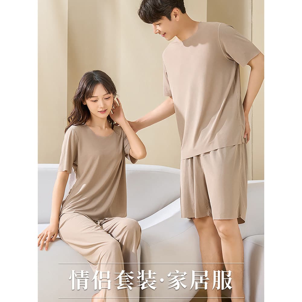 Casal pijamas de seda gelo verão Homewear feminino fino em torno do pescoço calças de manga curta terno Shorts masculino