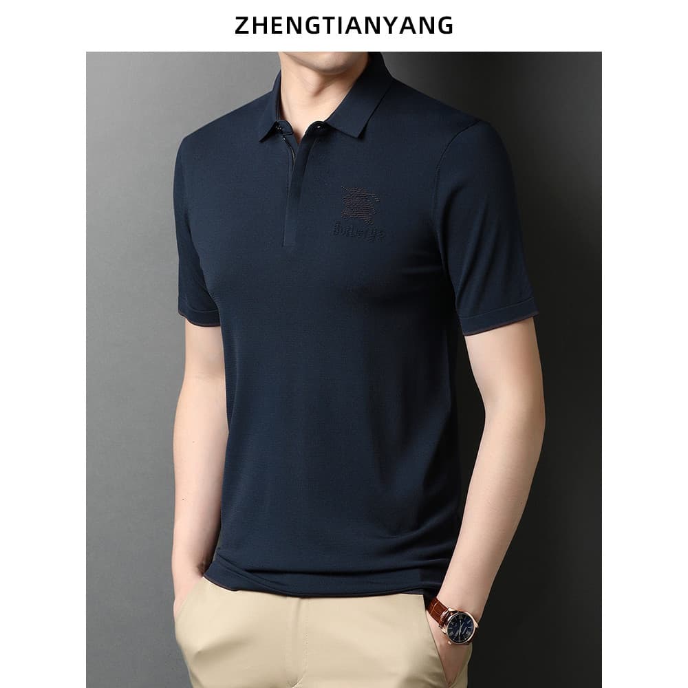 Verão lapela cor sólida de manga curta malhas masculinas camiseta polo de malha negócios seda gelo fina meia manga