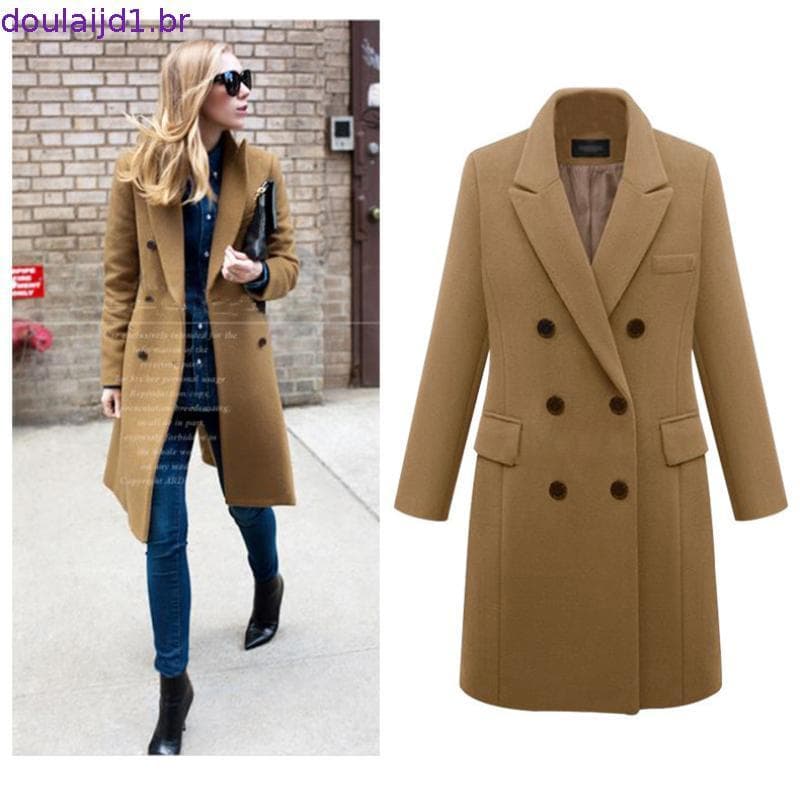 Casaco de Lã Feminino para Outono Inverno, Novo Estilo Longo com Abotoamento Duplo, Casaco Quente Q2026
