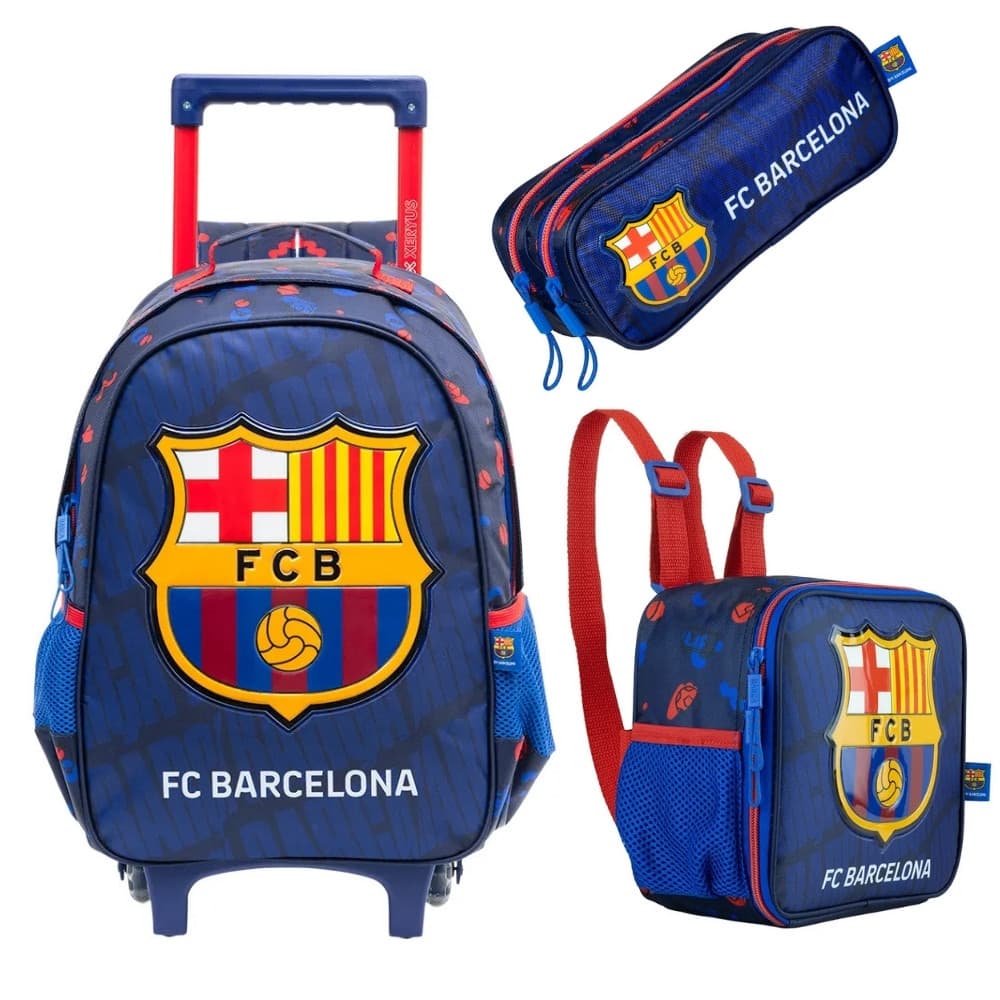 Kit Mochila Com Rodinha e alça com Lancheira térmica e  Estojo Duplo Barcelona