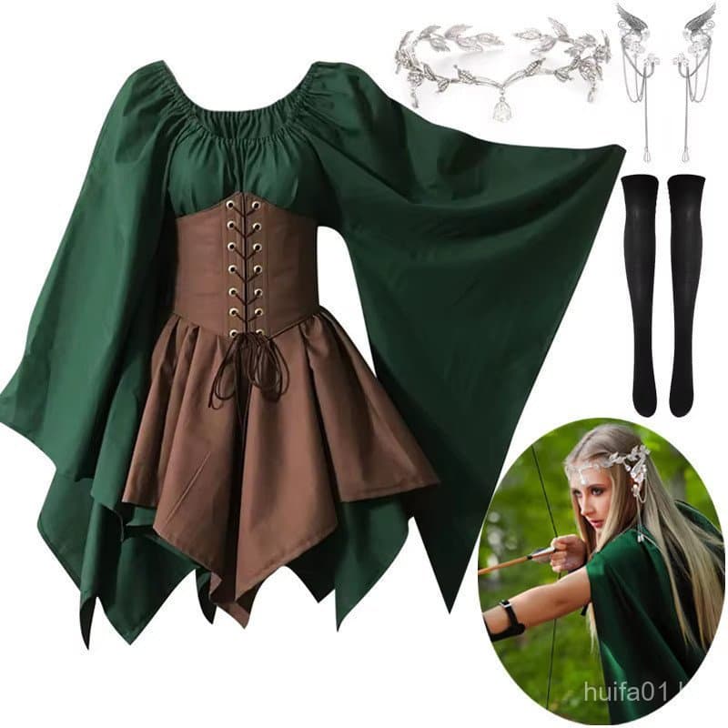 Fantasia de Elfo Feminina Tradicional da Renascença Irlandesa, Vestido de Fada Medieval com Orelhas para Halloween, Cosp