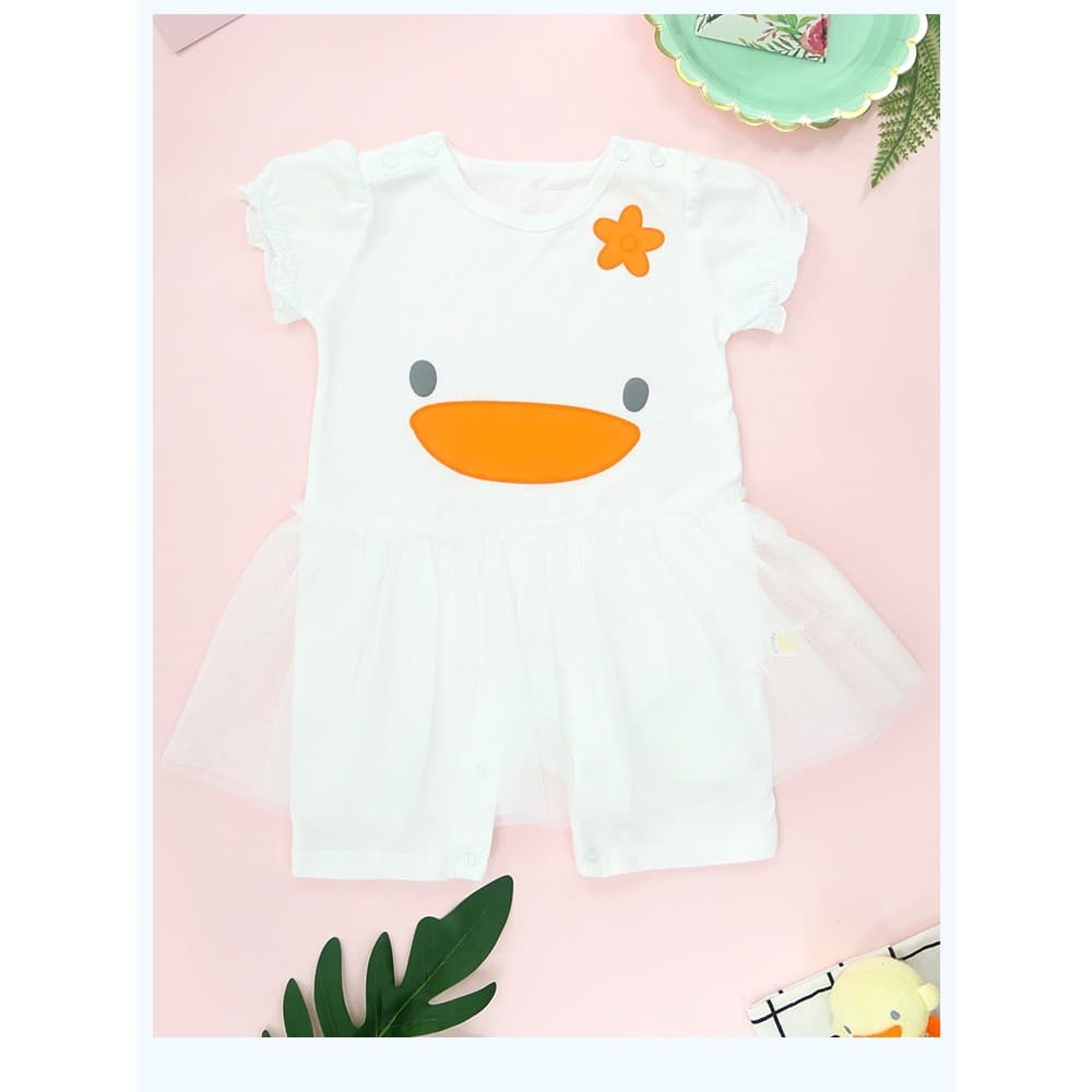 Patinho amarelo estilo ocidental bebê vestido de uma peça bonito doce verão estilo fino puro algodão de manga curta bebê