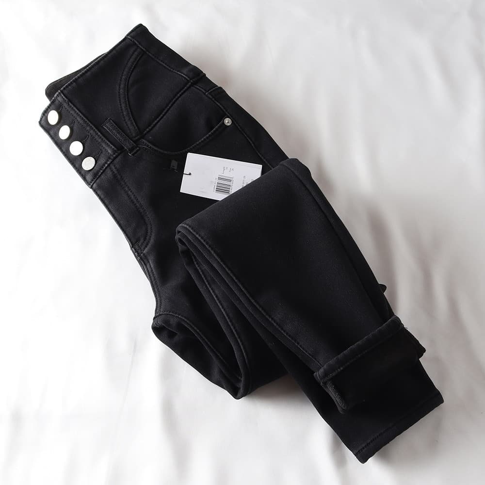 [Calça Wang Fried God] Calça Jeans Skinny de lã grossa feminina elástica cintura alta Slim fit Slim fit calça forrada de