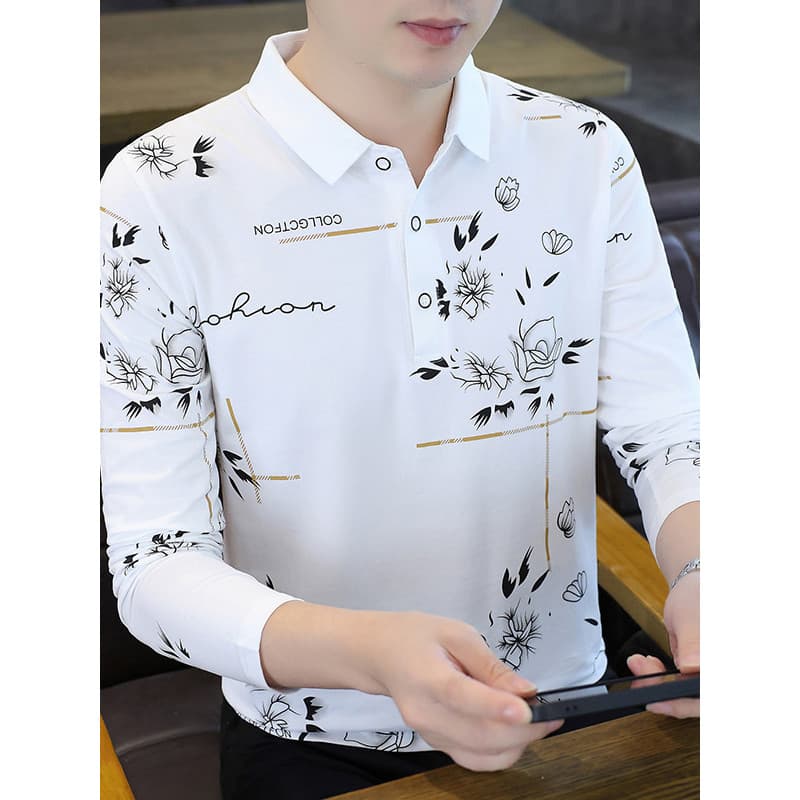2025 outono novo estilo puro algodão manga comprida camiseta masculina lapela camisa POLO Casual impresso juventude cami