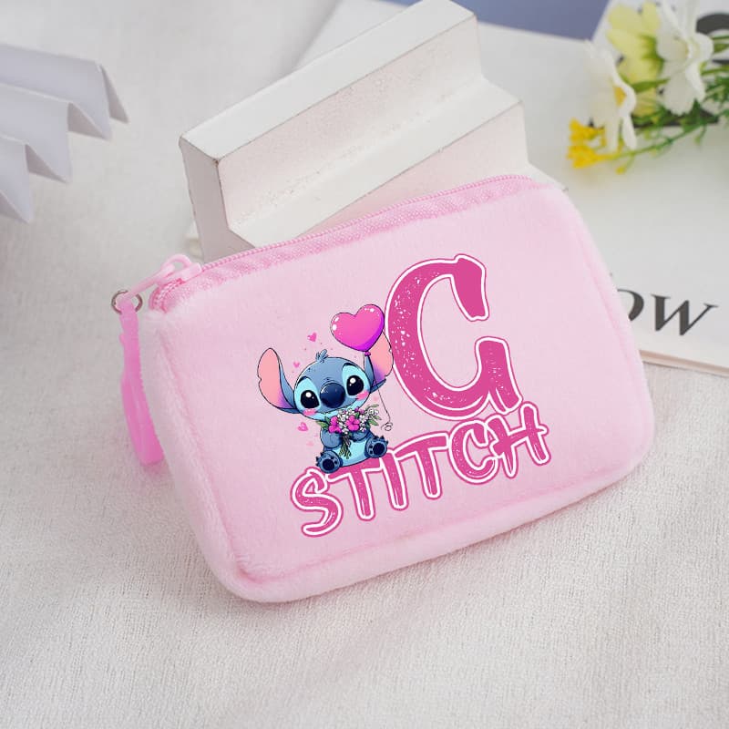 Carteira de pelúcia rosa com nome bordado de 26 letras, adequada para meninas, com porta-moedas com zíper, mini bolsa po