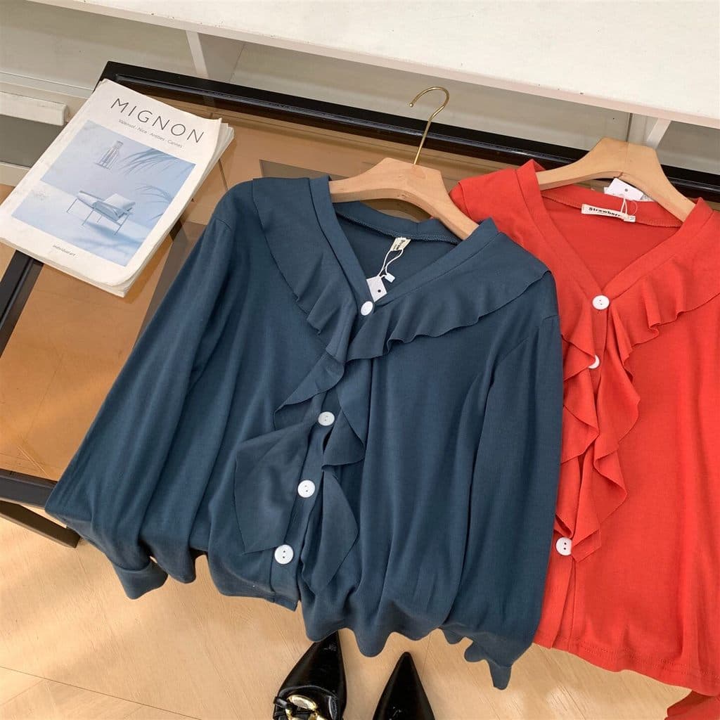 Camisa cor sólida novo estilo com decote em V manga comprida cabeça nicho moda Commuter topo feminino J#5