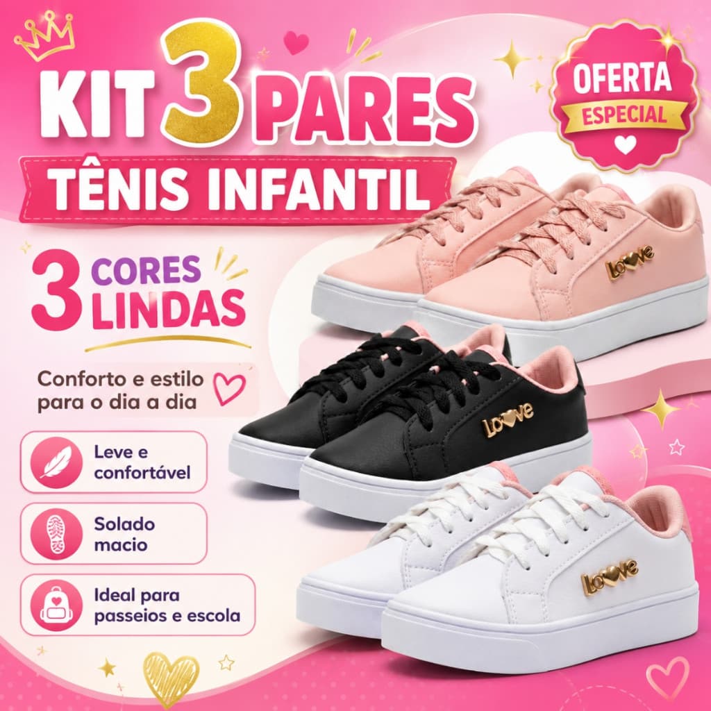 Kit 3 Pares Tênis Infantil Feminino Menina Com Cadarço Ajustável E Solado Branco Moderno
