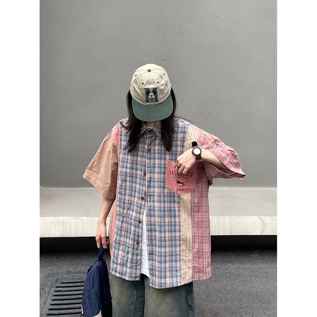 Verão novo estilo americano Retro contraste cor listrado costura xadrez camisa de manga curta das mulheres dos homens St