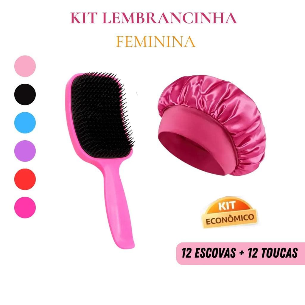 Kit 12 Toucas de Cetim Com Faixa + 12 Escovas Raquete Curvada Lembrancinha Perfeira