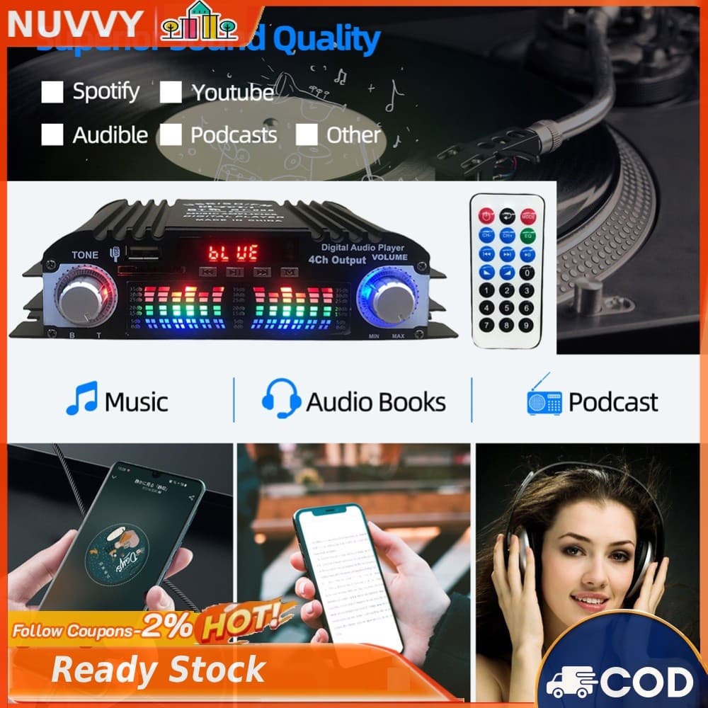 Amplificador De Som HiFi De Potência Máxima 1600W , Rádio FM , USB , Bluetooth , Digital , 4 Canais , Áudio , Reprodutor