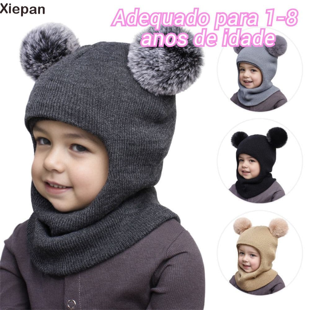 XIEPAN Gorro-Cachecol de Uma Peça, Balaclava Infantil com Duas Bolas, Gorro de Lã com Pompom para QHZ2