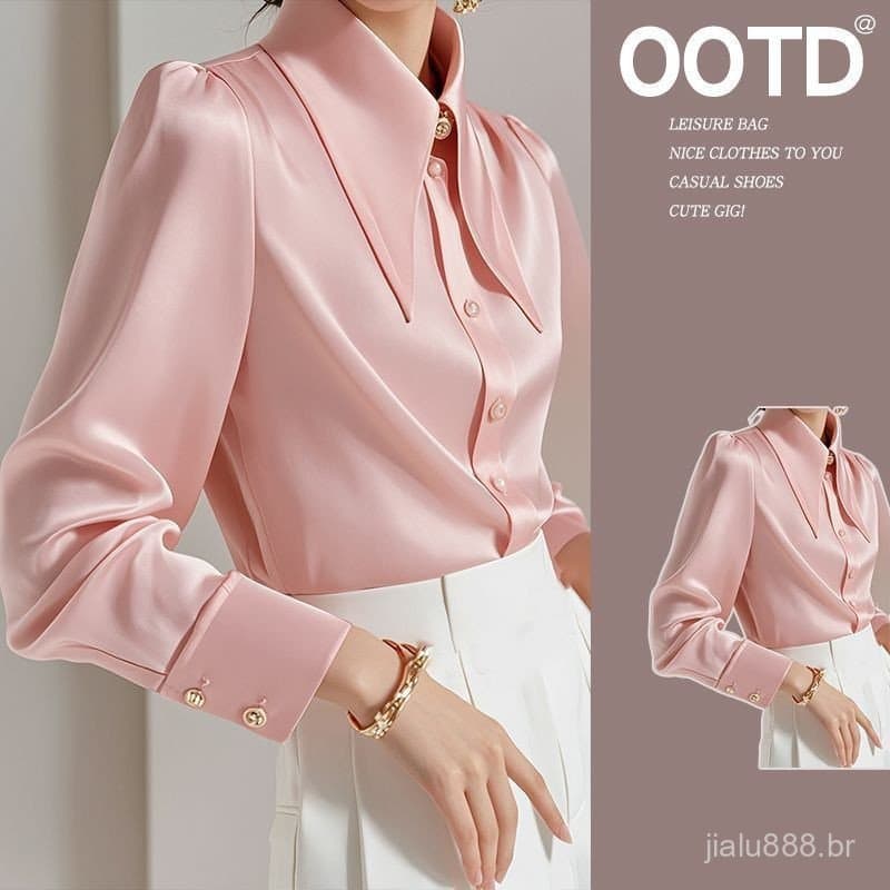42741 Camisa Feminina de Cetim Rosa de Manga Longa para Escritório, Estilo Coreano, Blusa Solta, Nova Moda S4WI