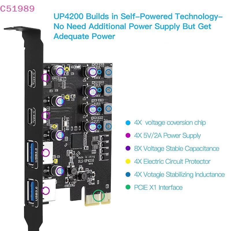[kaan] Placa PCI Express 2 Portas USBA/USBC 5 Gbps USB3.2 Gen1 USB3.0 PCIE Expansão Adicionar Adaptador De Cartão Para W