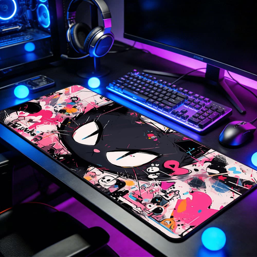 Mouse Pad Gato Grande Olhos Fofos Tons Amarelos Base Rosa Antiderrapante Superfície Lisa Para Notebook E PC