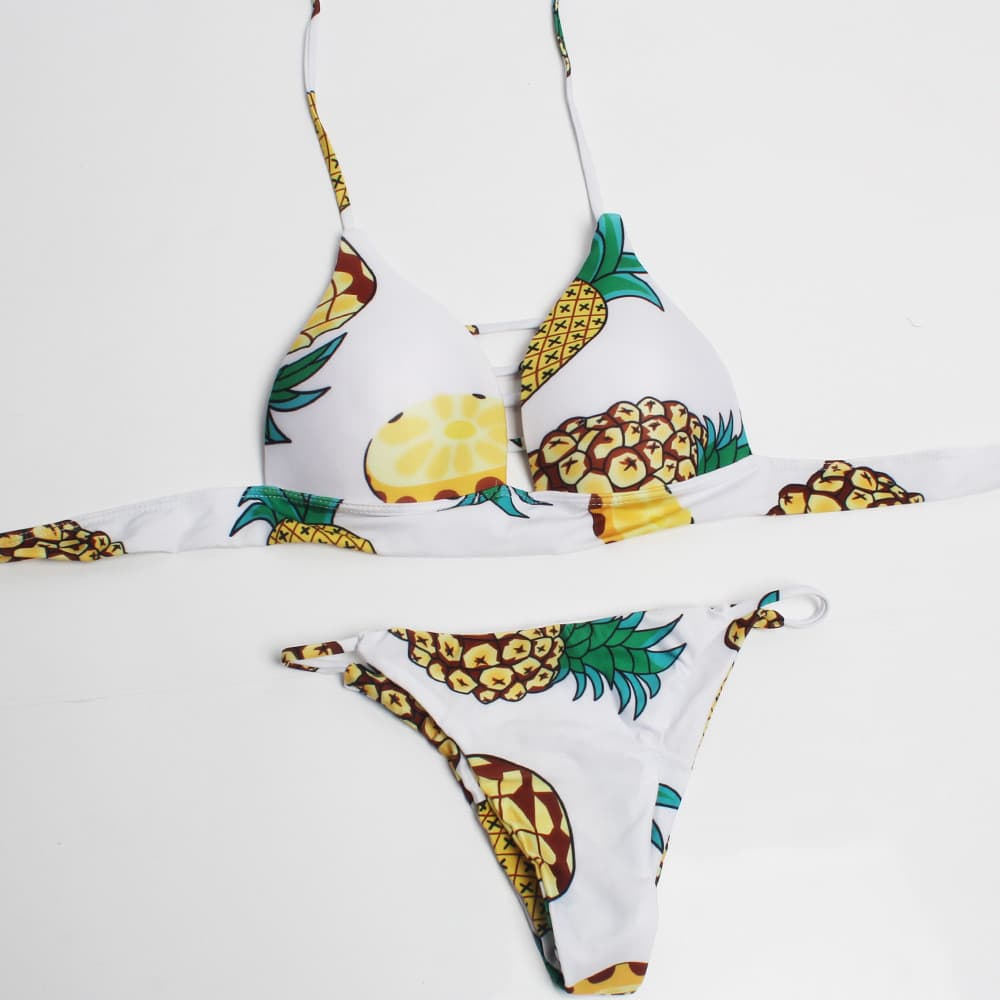 Novo biquíni feminino estilo europeu e americano com múltiplas alças e detalhes vazados, com estampa de abacaxi, fabrica